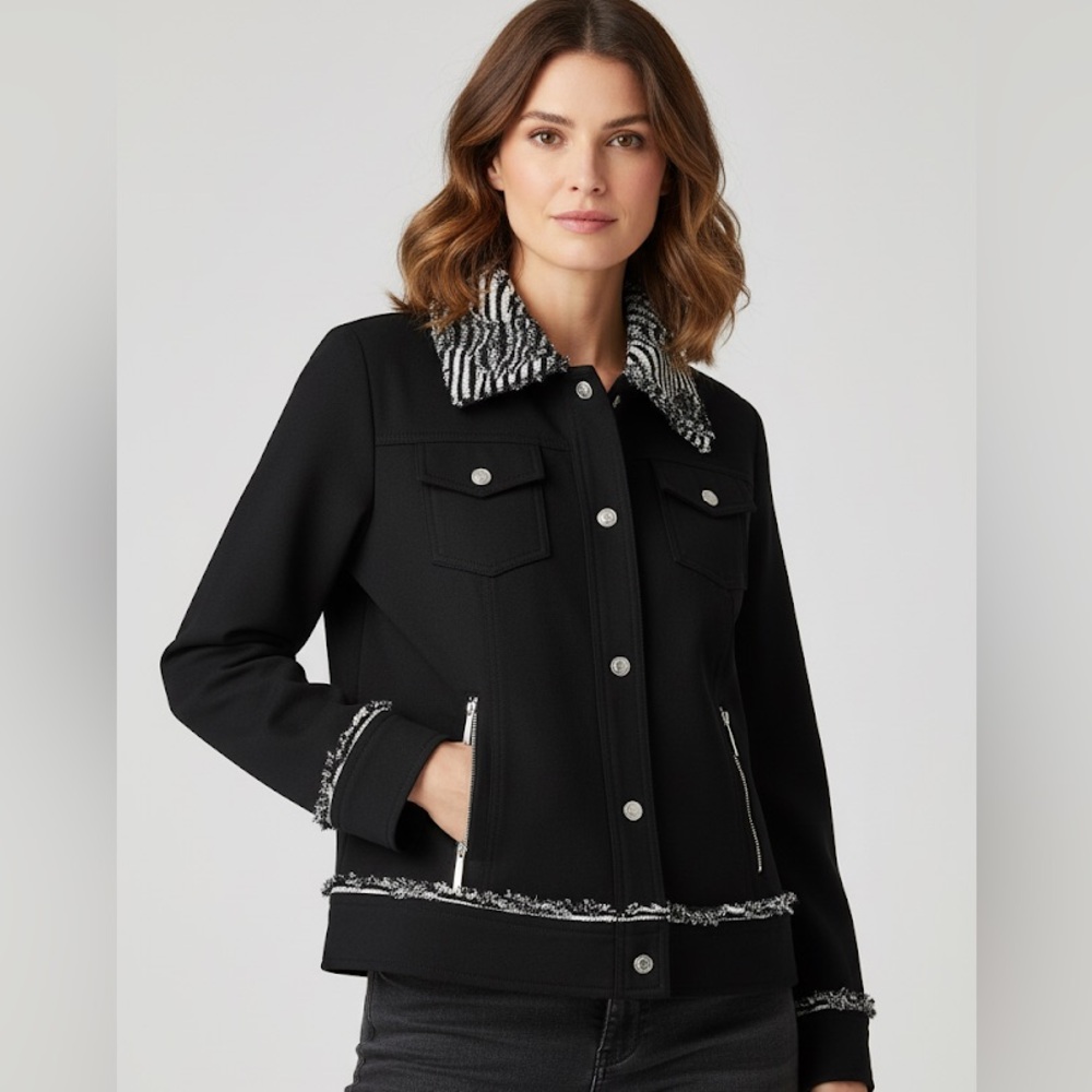 Chico's Black Jacket with Faux Fur Collar and Trim - Size M (1) - New condition
